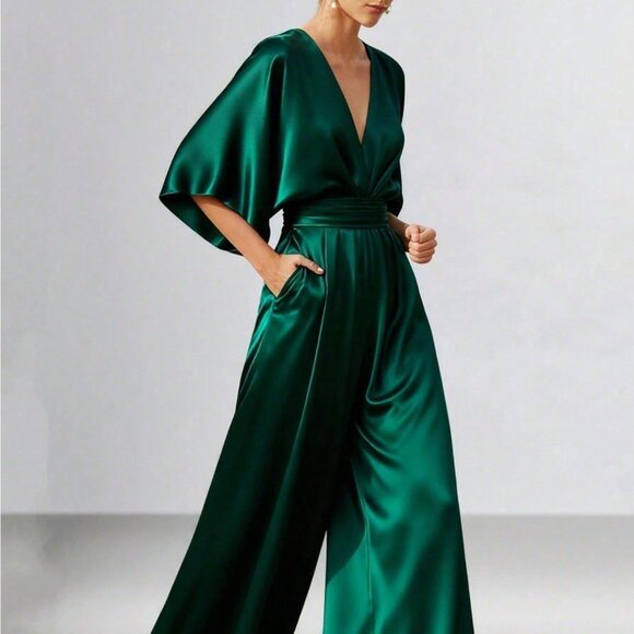 MODA ME COUTURE Pants - Green Satin Women's V-Neck Batwing Sleeve Wide-Leg Jumpsuit